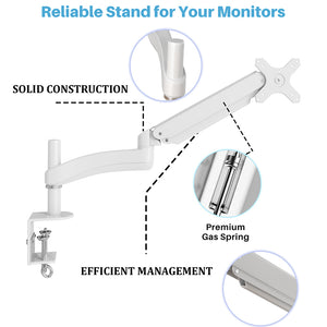 Single Monitor Desk Mount, Fits 19 to 32 Inch VESA Compatible Computer Screen Adjustable Gas Spring Monitor Arm with C Clamp Base, White, Model No (LMSPMSW)