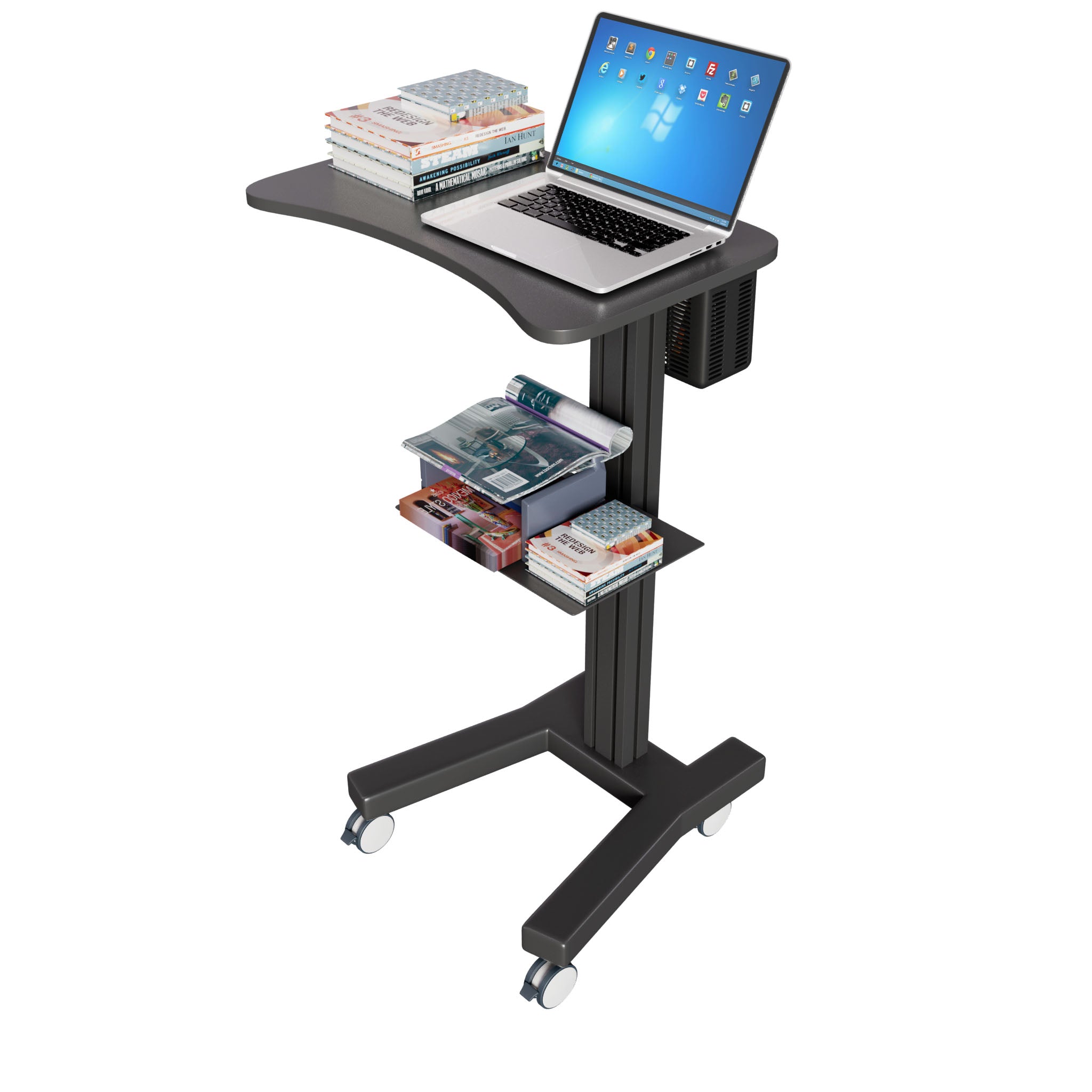 Sit Stand Mobile Laptop Cart with Height Adjustments, Optional CPU Holder, Printer Shelf & Basket, Black (LPC04B)