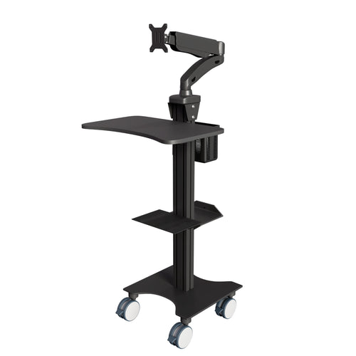 Sit Stand Mobile Workstation with Gas Spring Arm and Keyboard Tray, Optional CPU Holder, Printer Shelf & Basket, Black (MCTGB)