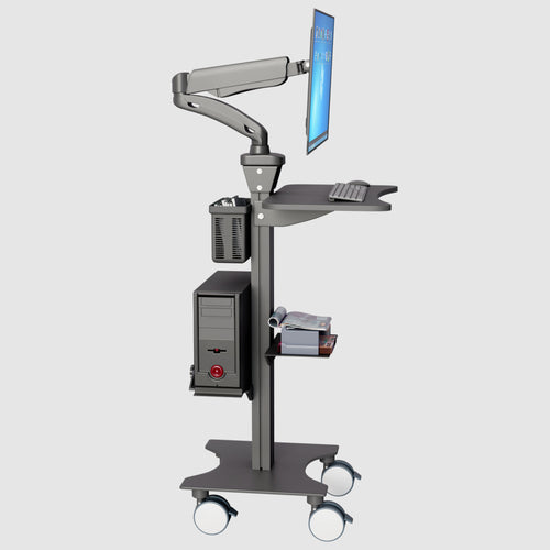 Sit Stand Mobile Workstation with Gas Spring Arm and Keyboard Tray, Optional CPU Holder, Printer Shelf & Basket, Black (MCTGB)