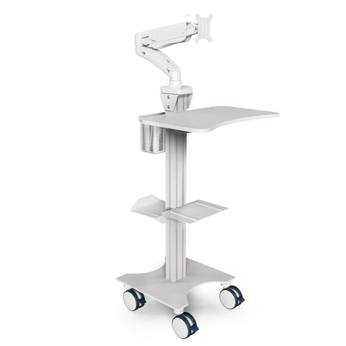 Sit Stand Mobile Workstation with Gas Spring Arm and Keyboard Tray, Optional CPU Holder, Printer Shelf & Basket, White (MCTGW)