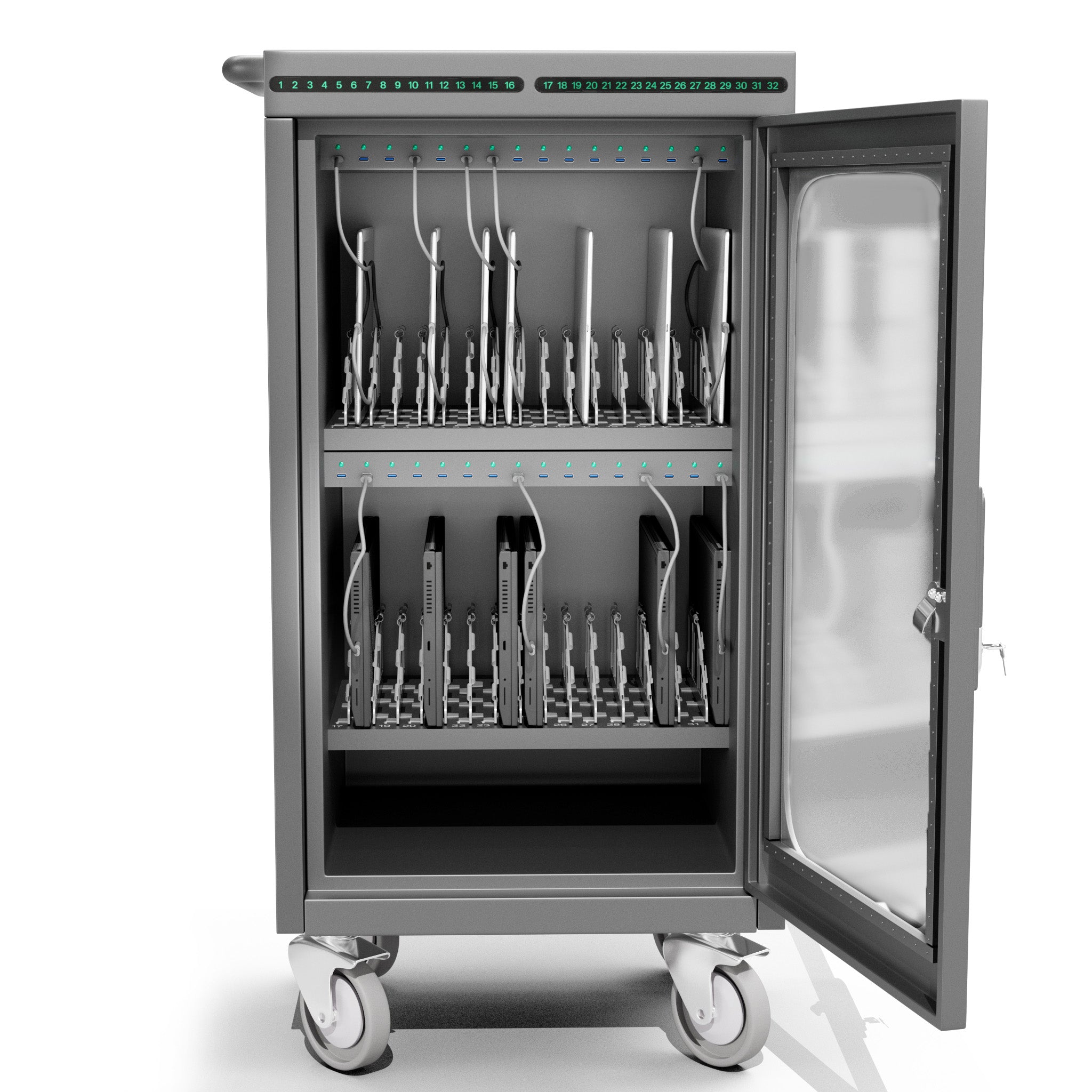 36-Device Laptop & Tablet Charging Cart — Glass Door, USB-C 60W PD Fast Charging (RP36-B-60W)