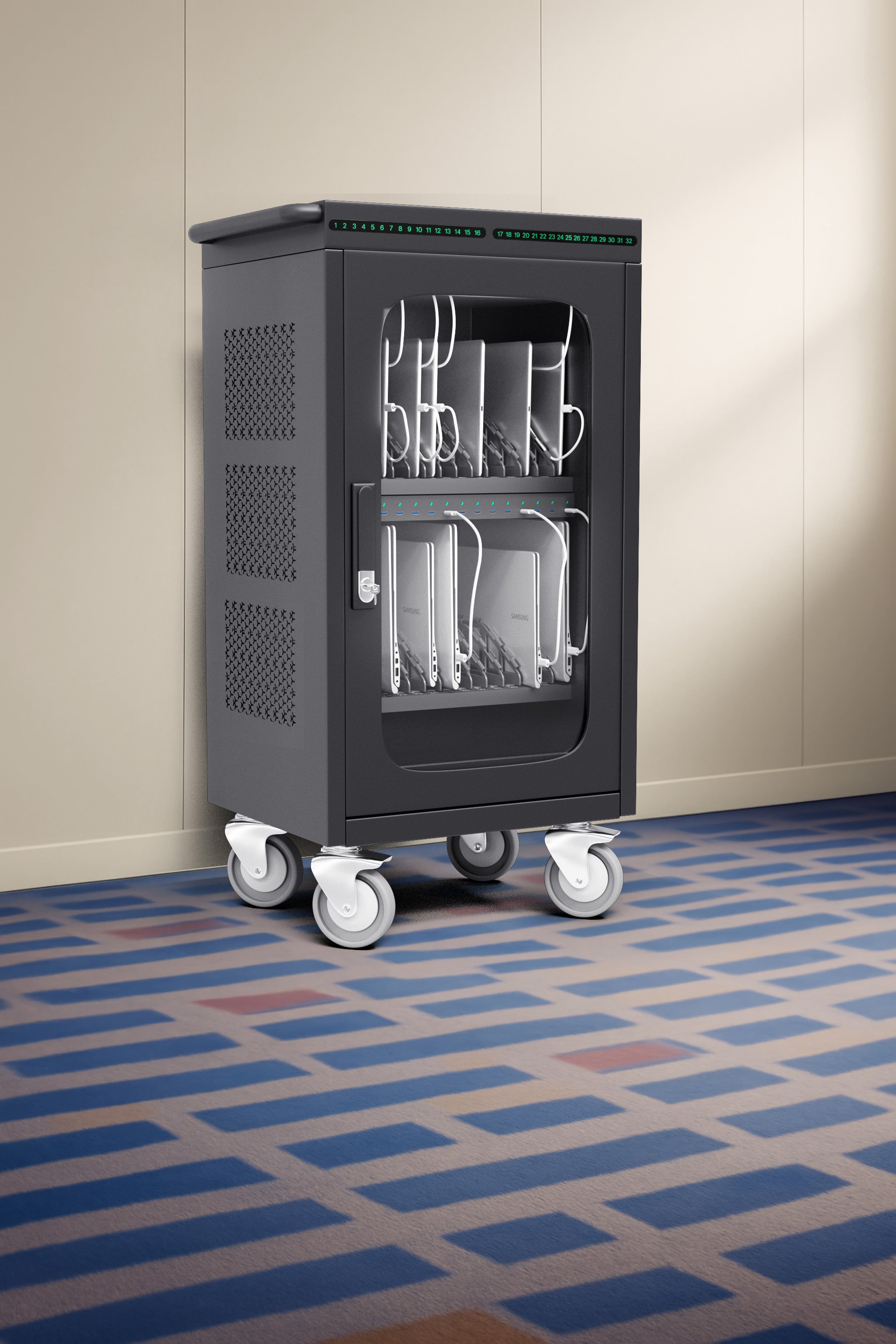 36-Device Laptop & Tablet Charging Cart — Glass Door, USB-C 60W PD Fast Charging (RP36-B-60W)