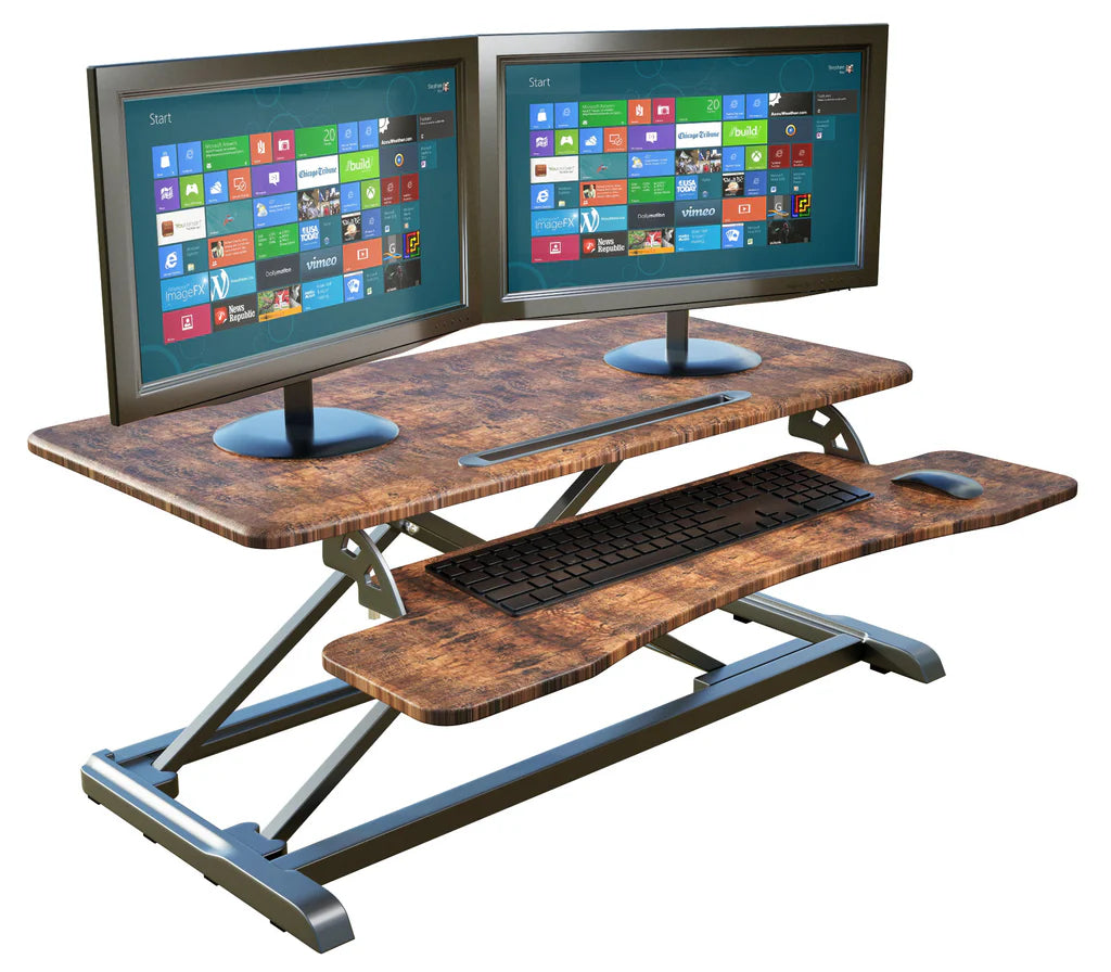 Wooden Color Top Instant Standing Desk Sit-Stand Desk Converter for Laptop, 1 or 2 Desktop, Stepless Any height lock Height Adjustable, Ergonomic, Gas Spring, Easy Installation RTEW
