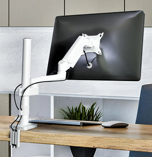 Single Monitor Desk Mount, Fits 19 to 32 Inch VESA Compatible Computer Screen Adjustable Gas Spring Monitor Arm with C Clamp Base, White, Model No (LMSPMSW)