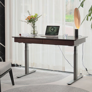 Dual Motor Electric Sit to Stand Workstation with Embedded Pull-Out Drawer, Height Adjustable with Supportive Legs, Smoky Wood Veneer Top (R20122-01 Basic)