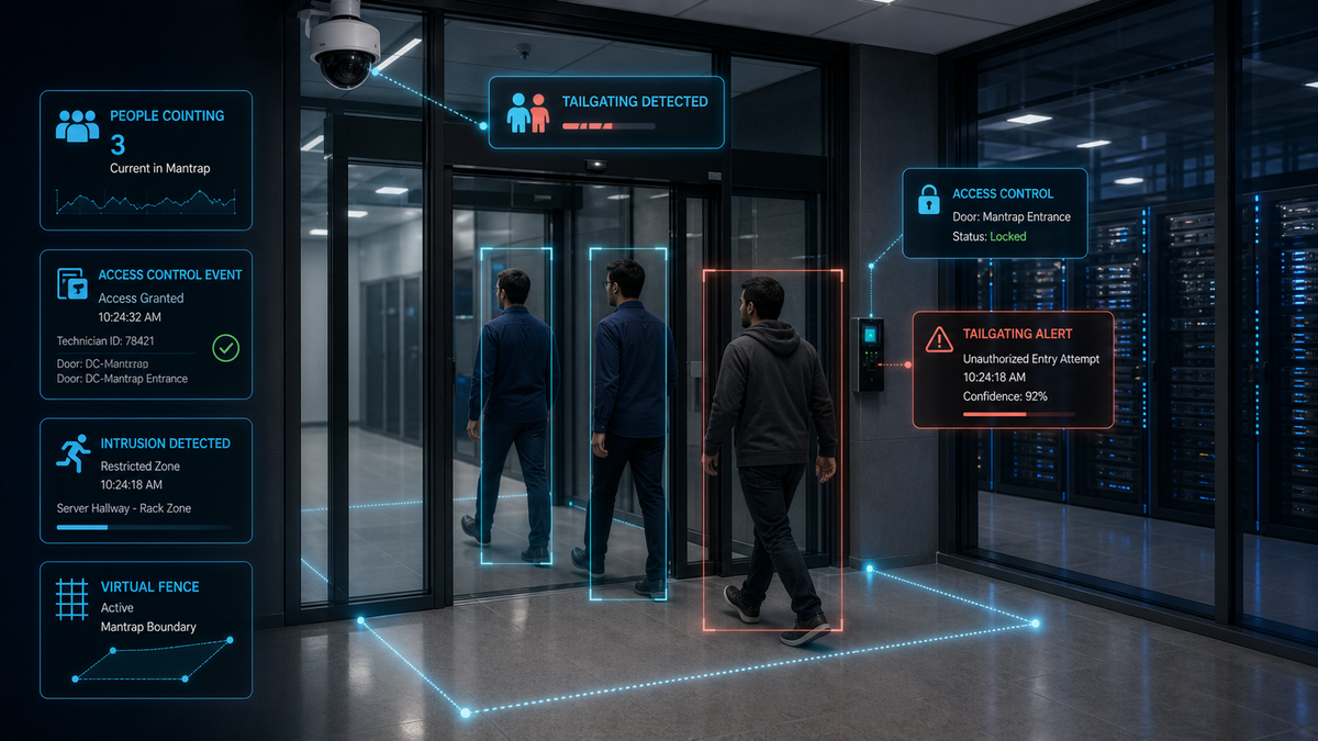 EDGE AI access control and tailgating monitoring for data centres