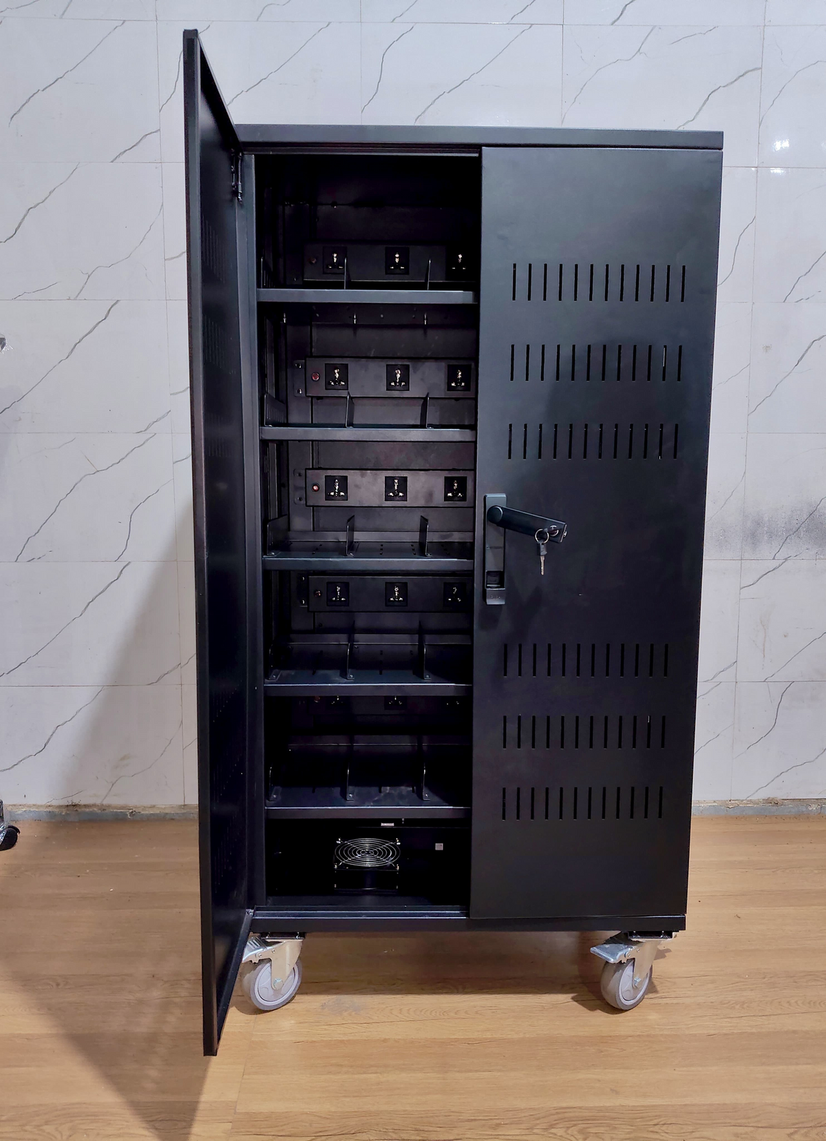 RIFE secure charging cabinet internal power and shelf layout