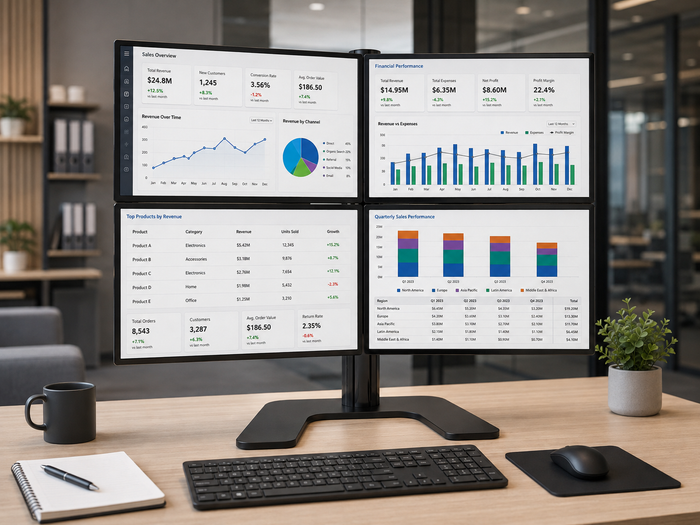 Heavy Duty Quad Monitor Stand for Four Large Displays Up to 34 inches - Freestanding Base or Desk Clamp | 4MSFHW / 4MSFHC