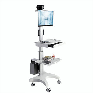 Single Monitor Medical Cart With Lockable Wheels and Camera Shelf For Telemedicine, White (HSC08)