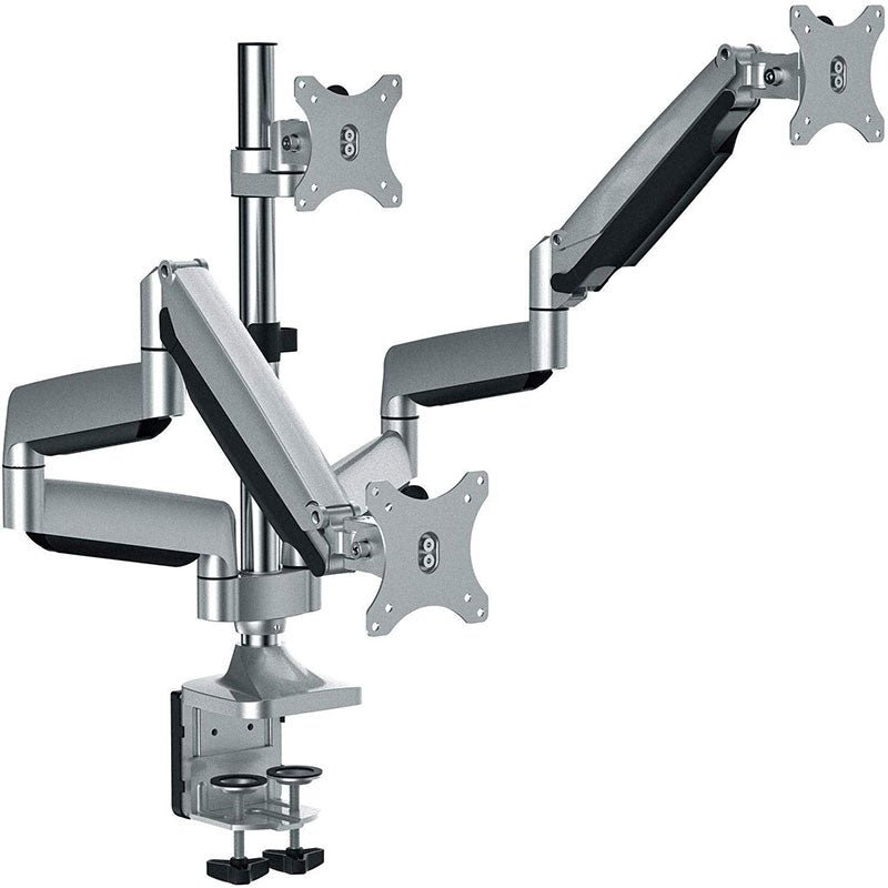 Triple Monitor Stand, Fits 13 to 32 Inchs Screens, Clamp Grommet, Height Adjustable Aluminum Gas Spring Three Monitor Arm Desk Stand, Full Motion, Silver, 5 Years Warranty (3MSGS)