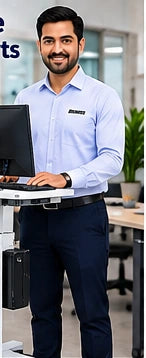 Front-facing corporate professional in a modern office workspace